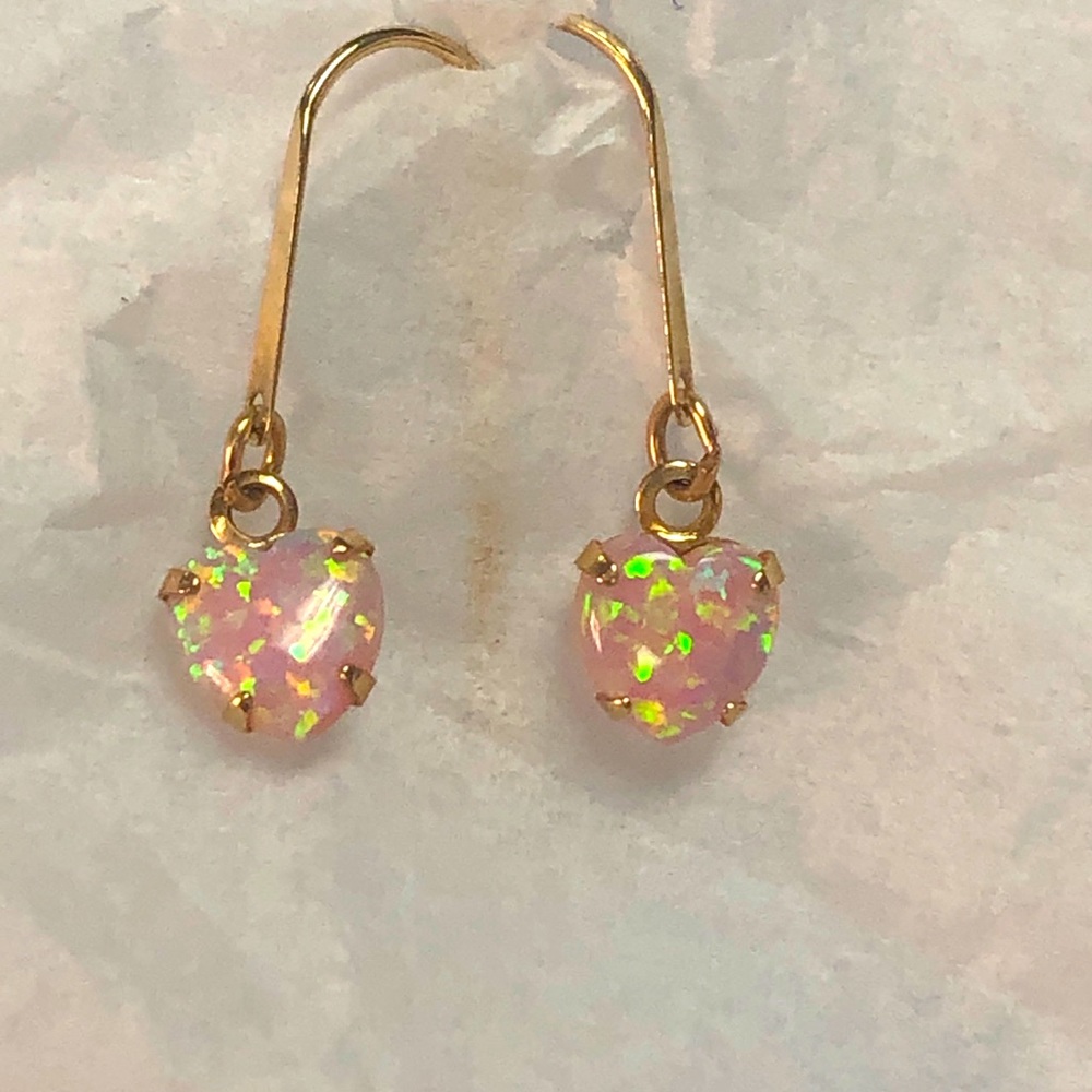 Gold Pink Opal Heart Shaped Pierced Earrings - Picture 4 of 6